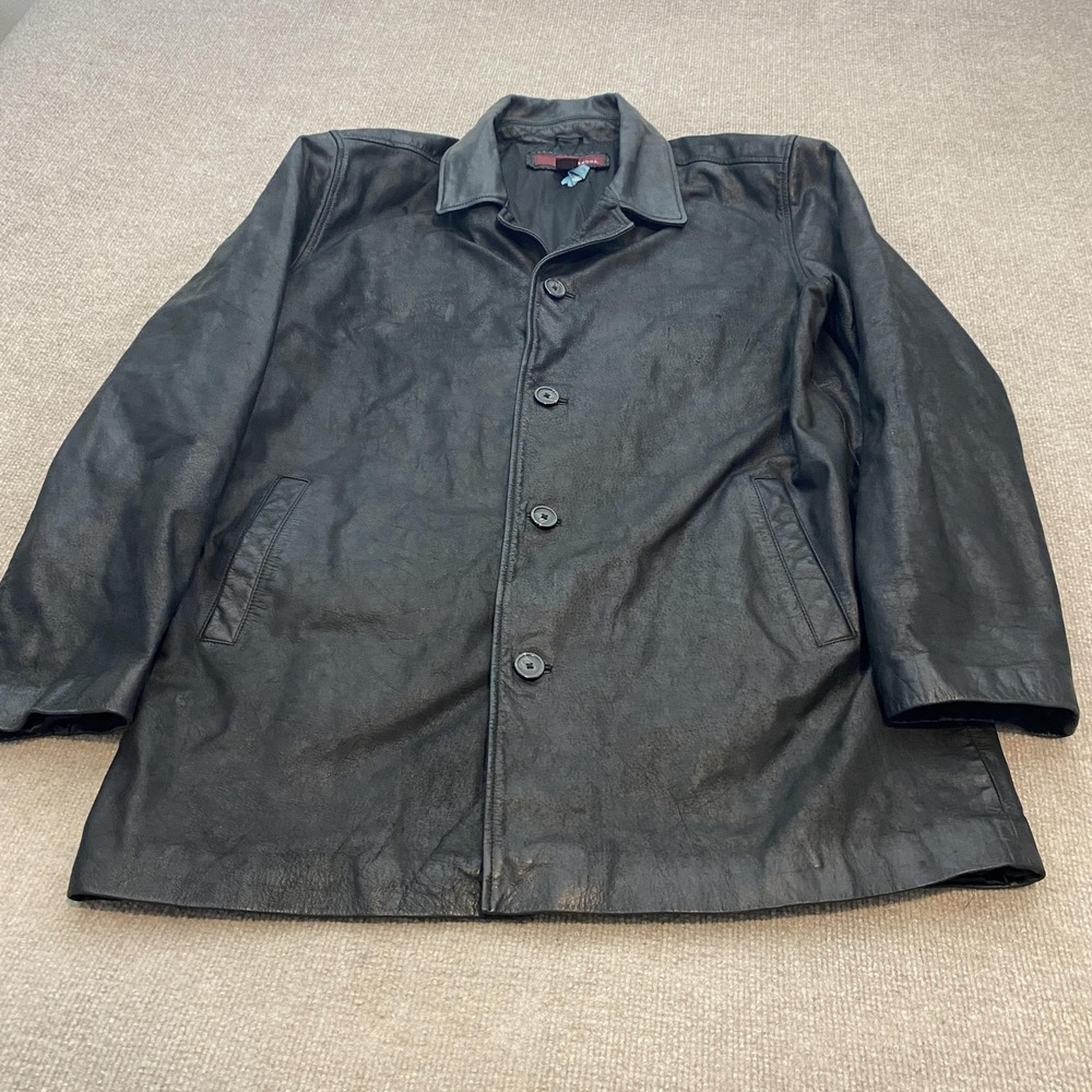 Merona Coat Mens Large Black Leather Overcoat Lined Button Pockets Mid Length